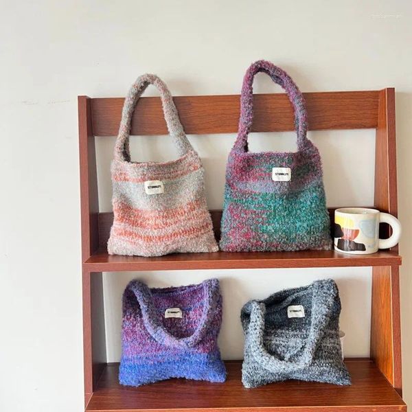 Bolsas de almacenamiento Gran capacidad Colorido Crochet Mujeres Hombro Versátil Hecho a mano Punto Lindo Bolso de mano Bolsos de señora tejidos de lana