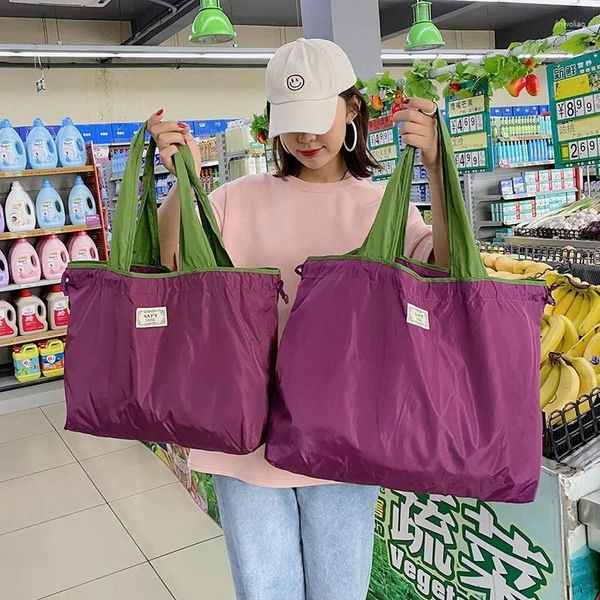 Bolsas de almacenamiento Bolsa de compras con cordón reutilizable grande Gran capacidad Portátil plegable para supermercado Paquete de gerente de comestibles de viaje