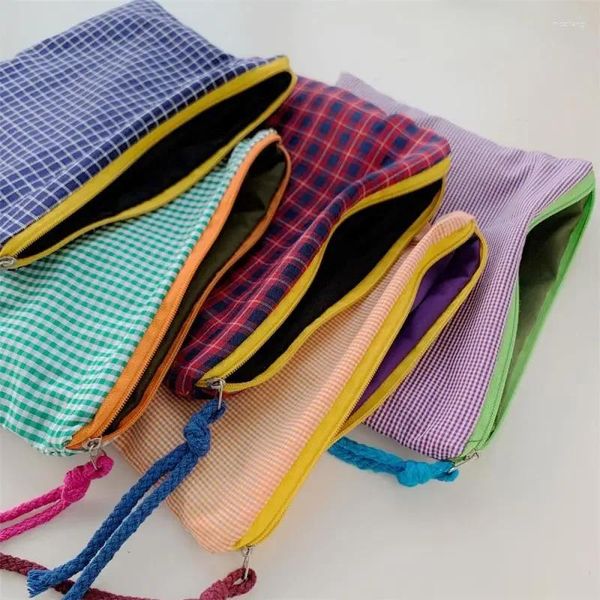 Bolsas de almacenamiento Lino Cosmético Maquillaje Moda Cremallera Chicas Bolsa grande Simple y bolsa Plaid Algodón Mujeres Capacidad Portátil