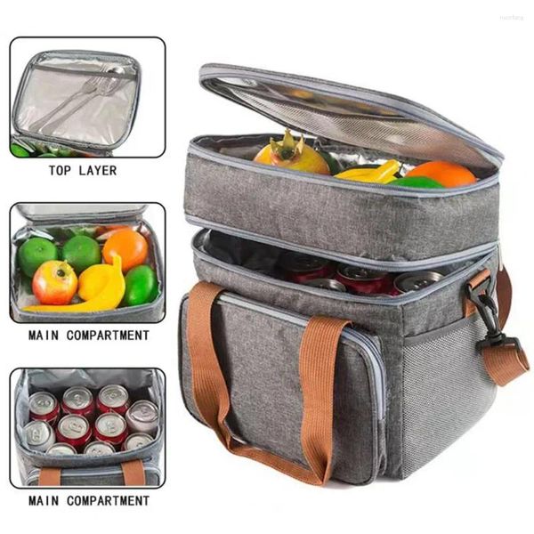 Bolsas de almacenamiento Bolsa de almuerzo con correa para el hombro Diseño de múltiples bolsillos Caja portátil Contenedor Bento de doble capa para picnic de oficina