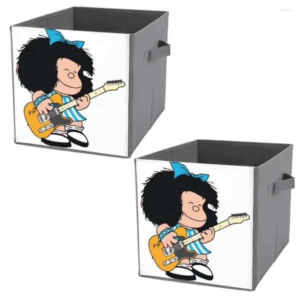 Sacs de rangement Mafalda Quino jouant de la musique de guitare pour réservoir Boîte de pliage Poussière de poussière de vêtements soulevant la main pratique n