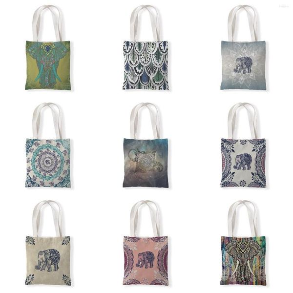 Sacs de rangement Mandala toile fourre-tout sac rétro Art éléphant voyage femmes loisirs Eco Shopping haute qualité pliable sac à main