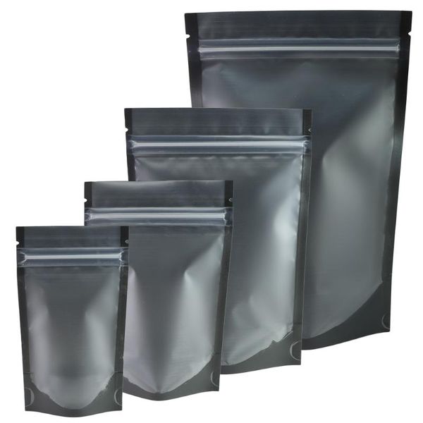 Bolsas de almacenamiento Mate Negro Frente transparente Bolsas de pie Empaque de granos de café Bolsa de cocina Bolsa de alimentos 100pcs