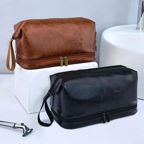 Sacs de rangement hommes voyage sac cosmétique fermeture éclair maquillage PU cuir toilette cosmétiques organisateur pochette grande capacité