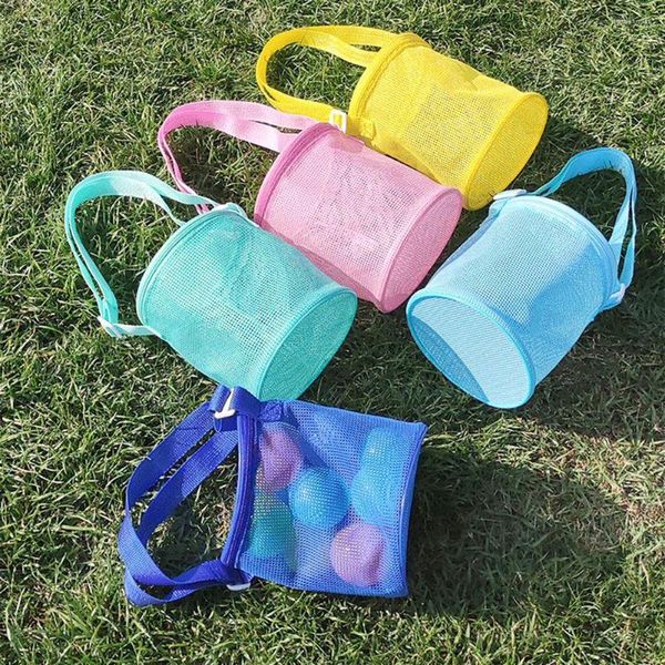 Sacs de rangement Sac de plage en maille pour enfants Sable Piscine Jouer Jouet Outil Organisateur Net Zipper Pouch Enfant Shell Collecte Seau Pliant Été