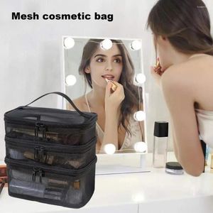 Sacs de rangement en maille, sac à cosmétiques de grande capacité avec poignée à fermeture éclair, organisation portable et classifiée, maquillage de voyage noir