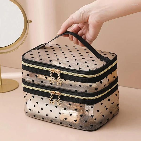 Sacs de rangement Sac de maquillage en maille Double couche Conception transparente Cosmétique Double fermeture à glissière Toilette pour pinceaux