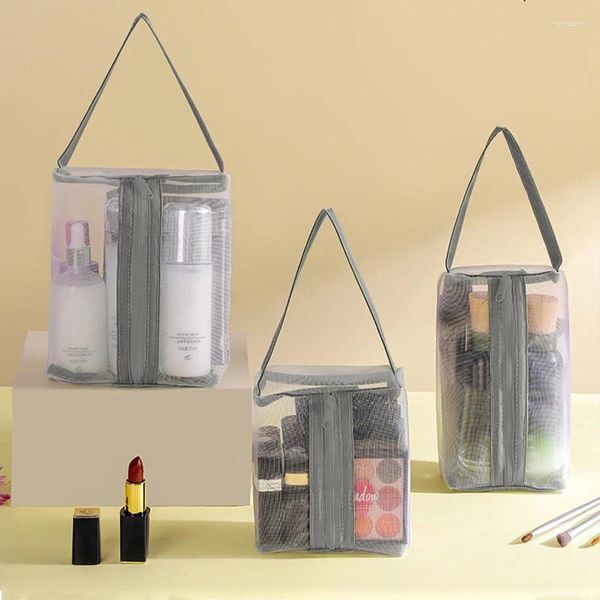 Sacs de rangement Trousse de toilette en maille avec poignée Cosmétique Portable Pochette de maquillage carrée Organisateur de voyage Lavage Simple Crayon Étuis à fermeture à glissière