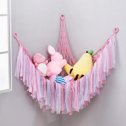 Opbergtassen gaas speelgoed net hand geweven driehoek hangend opvouwbaar katoen kleurrijk lintspeelgoed organisator hangmat huishoudensvoorziening
