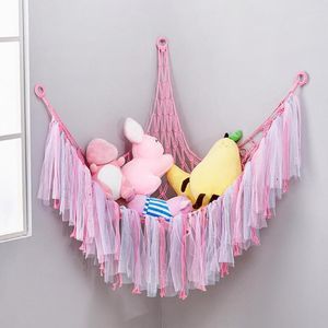 Bolsas de almacenamiento Mesh Toy Net Triángulo tejido a mano colgando algodón de algodón plegable Toyadores de cinta de color Organizador Hammock Suministro para el hogar