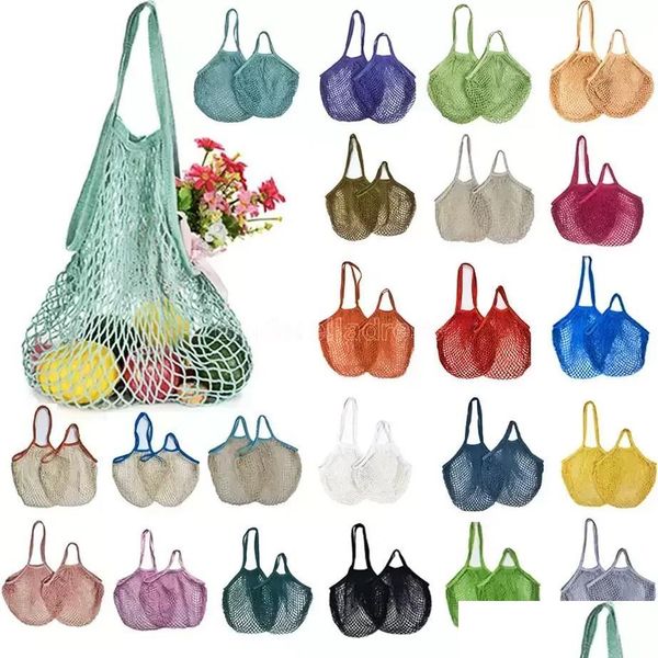 Sacs de rangement Mesh Lavable Réutilisable Coton Épicerie Filet String Shop Sac Eco Marché Fourre-Tout Pour Fruits Légumes Portable Court et Long H DH30R