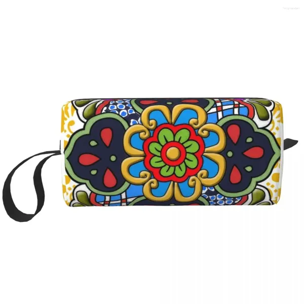 Sacs de rangement Mexicain Talavera Fleur Voyage Cosmétique Sac Femmes Folk Céramique Carrelage Art Maquillage Organisateur De Toilette Lady Beauté Dopp Kit