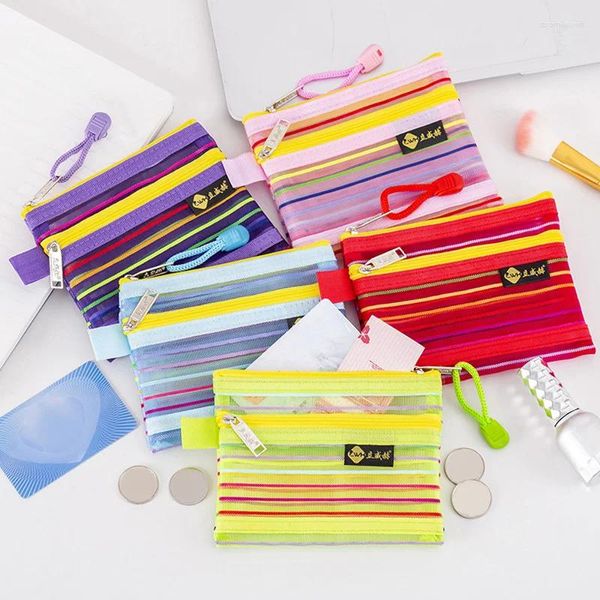 Bolsas de almacenamiento Mini ID Bank Bag Doble capa portátil Monedera Colorida Mesh Nylon Makeup Pouch Licencia