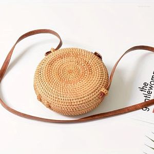 Sacs de rangement Mini sac rond tissé en rotin Style Boho carré plage mode paille tressée sacs à bandoulière (18.01x7.01cm))