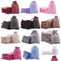 Sacs de rangement Sacs en lin réutilisables naturels avec toile de jute Dstring Bijoux Sac cadeau pour les faveurs de mariage Festivals Anniversaire Pocket Drop Delive Dhuil