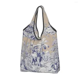 Sacs de rangement Bleu Marine Toile De Jouy Motif Français Motif Épicerie Fourre-tout Shopping Femmes Kawaii Épaule Shopper Grande Capacité Sac À Main