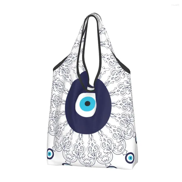 Sacs de rangement Navy Bleu blanc méditerranéen mal œil moderne Mandala Modèle d'épicerie Bohemian Boho Boder Shopper Handsbag