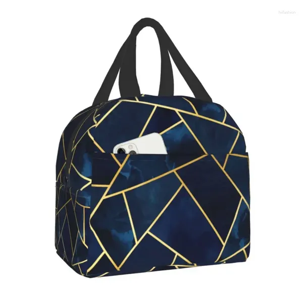 Sacs de rangement Navy Gold Géométrie Modèle abstrait Boîtes portables pour femmes Géométrique Thermique Alimentaire Sac à lunch isolé École Enfants