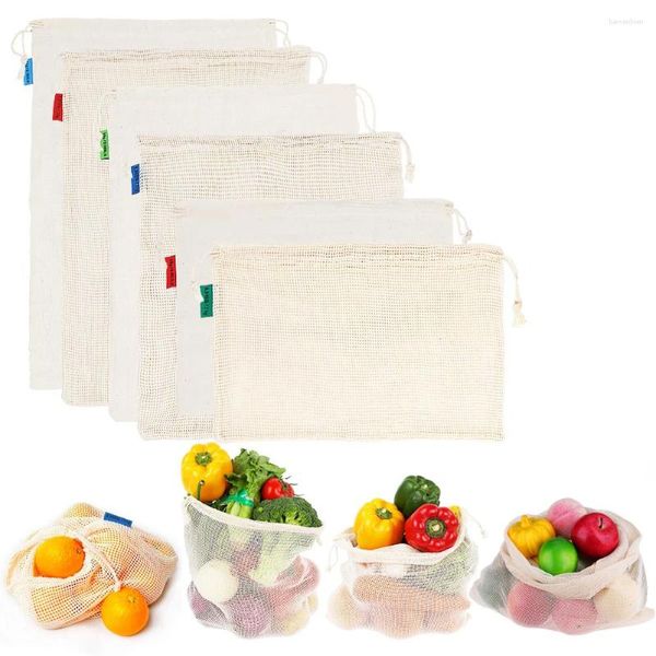 Bolsas de almacenamiento nuestros productos de malla de algodón reutilizables para la fruta vegetal Eco lavable con organizador de cocina con cordón