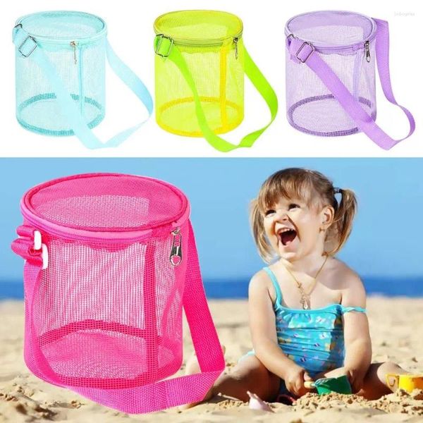 Bolsas de almacenamiento Cremallera al aire libre para niños Cubo redondo Organizador de juguetes Red Malla Bolsa de playa Bolsa de recolección de conchas para niños