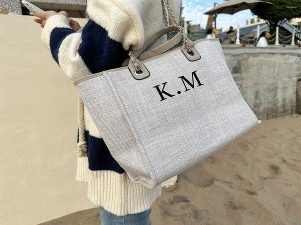 Bolsas de almacenamiento Cadena personalizada Monograma Lienzo Bolsa de asas Damas Bolso personalizado Playa Novia Damas de honor Regalos para su Día de la Madre Bir