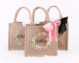 Sacs de rangement personnalisé toile de jute fourre-tout couronne florale nom monogramme demoiselle d'honneur cadeau sac Bachelorette fête plage Jute faveur de mariage