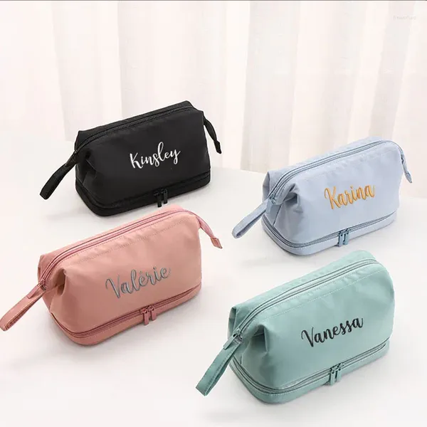 Bolsas de almacenamiento Personalizadas Simple Nylon Bolsa de alta textura Bordado personalizado Doble capacidad de lavado Ceja Maquillaje portátil