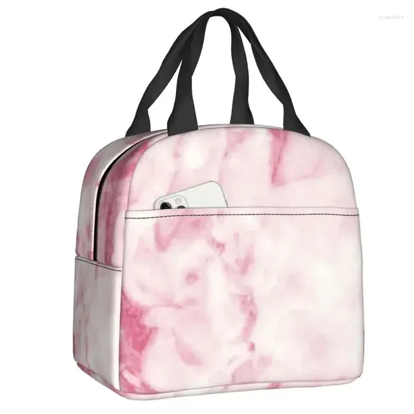 Bolsas de almacenamiento Caja de ilustraciones con textura de mármol blanco rosa, impermeable, arte abstracto, refrigerador térmico, bolsa de almuerzo con aislamiento para alimentos, estudiante de escuela