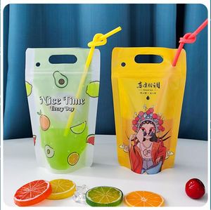 Sacs de rangement en plastique auto-scellant Portable dessin animé poignée à main sac de boisson à emporter paille gratuite boissons jus café liquide emballage
