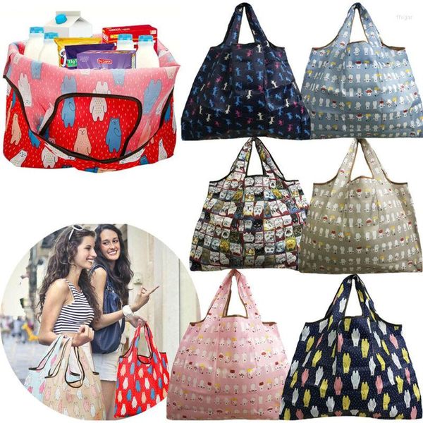 Bolsas de almacenamiento Bolsa de compras cuadrada de bolsillo Respetuoso del medio ambiente Plegable Reutilizable Bolso de hombro portátil Poliéster para comestibles de viaje