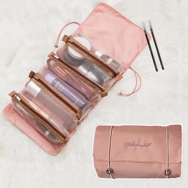 Bolsas de almacenamiento Bolsa de cosméticos portátil 4 en 1 Organizador de maquillaje de gran capacidad Tipo de rollo Colgando para pinceles de maquillaje de lápiz labial