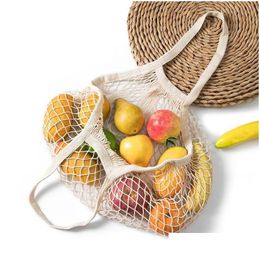 Sacs de rangement Portable Net Sac Shop Mesh pour Fruits Légumes Lavable Eco-Friendly Sac à main Coton Pliable Drop Livraison Home Garden Otyia