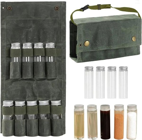 Bolsas de almacenamiento bolso de especias portátiles con 9 frascos plegables lienzo impermeable de viaje múltiples contenedores colocados de nylon para barbacoa