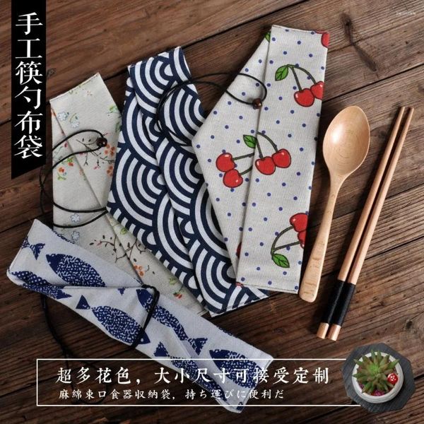 Bolsas de almacenamiento bolso de vajilla portátil impresión japonesa bebida reutilizable paja palillo de palillo bolsas para bifurcación de cuchara