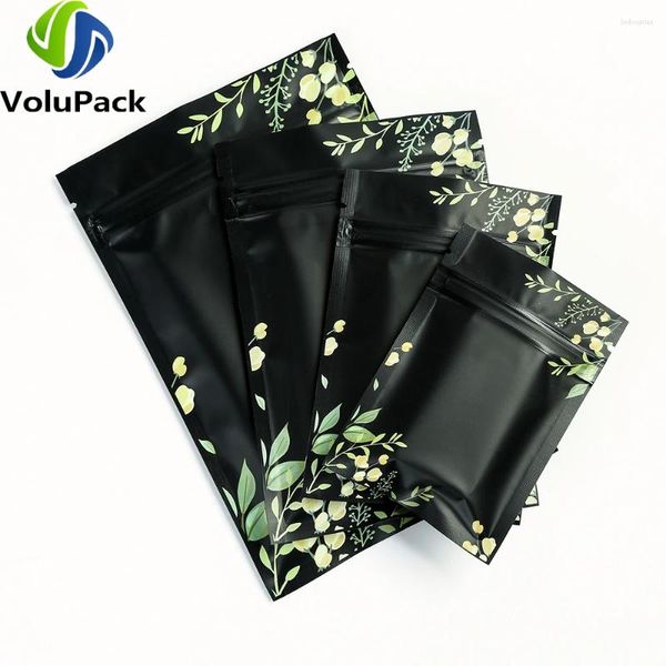 Bolsas de almacenamiento reciclables Eco de plástico Sello de calor con cremallera negra y lágrimas impresas Notch Pouche 100 PCS Foil de aluminio Mylar Embalaje