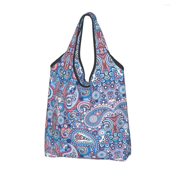 Bolsas de almacenamiento Reciclaje Estilo bohemio Pañuelo Paisley Patrón Bolsa de compras Mujeres Tote Portátil Comestibles Shopper