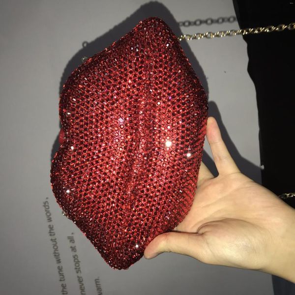 Bolsas de almacenamiento Labio rojo Monederos y bolsos de diamantes de imitación Diseñador de lujo Monedero de embrague Diamante Mujer Bolso de noche Crossbody Fiesta de boda