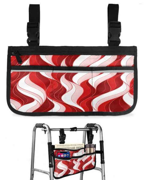 Bolsas de almacenamiento Bolsa de silla de ruedas con líneas abstractas de ondulación roja con bolsillos Apoyabrazos Lado Scooter eléctrico Bolsa de marco para caminar