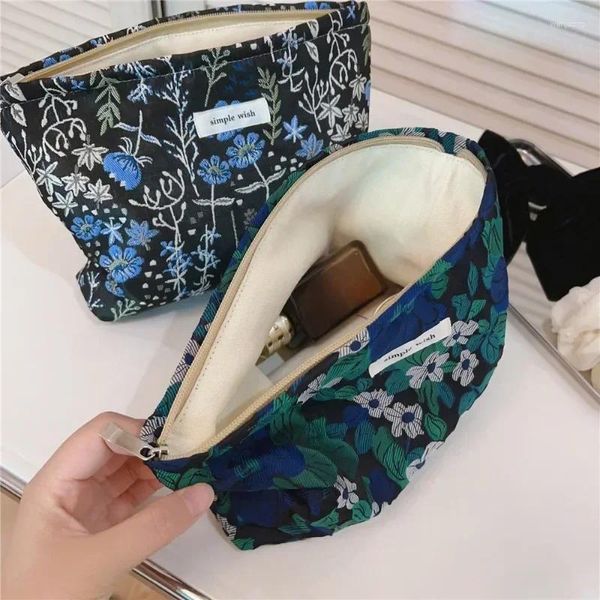 Sacs de rangement Rétro Bleu Vert Floral Jacquard Embrayage Sac Cosmétique Grande Capacité Soins De La Peau Organisateur Quotidien Pochette De Maquillage