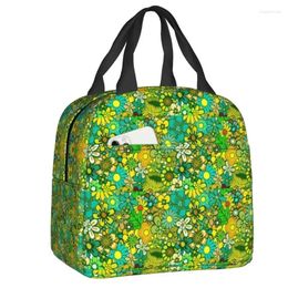 Bolsas de almacenamiento Retro Green Hippie Flower Almuerzo aislado para mujeres Escuela de caja de bento de refrigerador térmico portátil