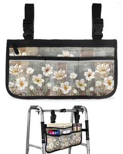 Sacs de rangement rétro plante fleur blanche abstrait sac de fauteuil roulant avec poches accoudoir côté scooter électrique pochette de cadre de marche