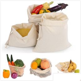 Bolsas de almacenamiento en la tienda de algodón reutilizable de malla ecológica de vegetales frutas bolsas a mano en el hogar bolso ambiental gota entrega de jardín Dhny9