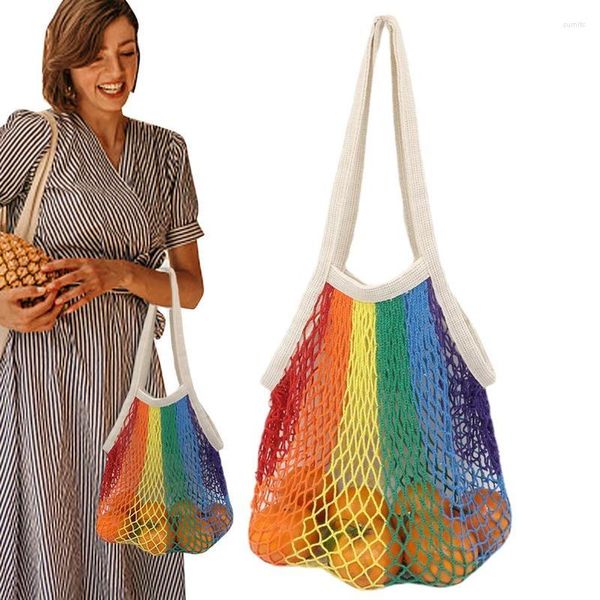 Sacs de rangement d'épicerie réutilisables pour fruits et légumes, sac en maille de coton avec élasticité à haut Volume, Design coloré Shopping