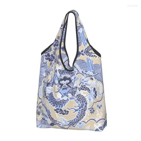 Sacs de rangement réutilisables Imperial Dragon Blue Chinoiserie Shopping Femmes Tote Sac Tradition portable Mythologie asiatique Grocherie