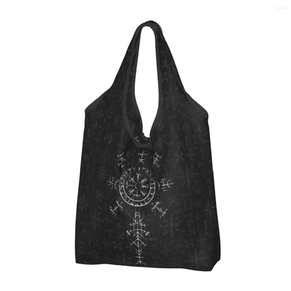 Sacs de rangement réutilisables Lucky Charm Viking Compass Vegvisir Sac à provisions Femme Tote Tote Portable Vikings Valhalla Grochey Shopper