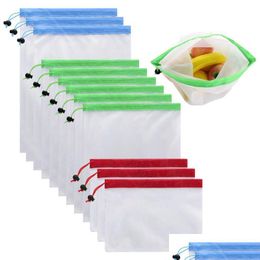 Bolsas de almacenamiento Bolsas de productos de malla reutilizables 12 unids Fruta Vegetal Doble cosido Dstring para el hogar Tienda Almacenamiento Hogar Jardín Limpieza O DHC7T