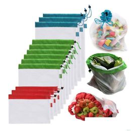 Bolsas de almacenamiento Bolsas de productos de malla reutilizable Premium Lavable Ecológico para tienda de comestibles Almacenamiento de frutas y verduras 20 juegos Hogar Jardín Hous Dhan8