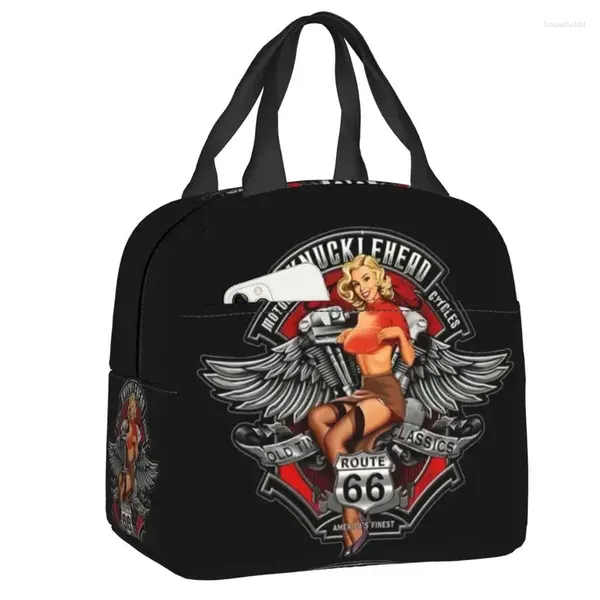 Bolsas de almacenamiento Ruta 66 Pin Up Rockabilly Diseño Almuerzo aislado para mujeres Carretera Refrigerador portátil Térmico Bento Box Niños Escuela Niños