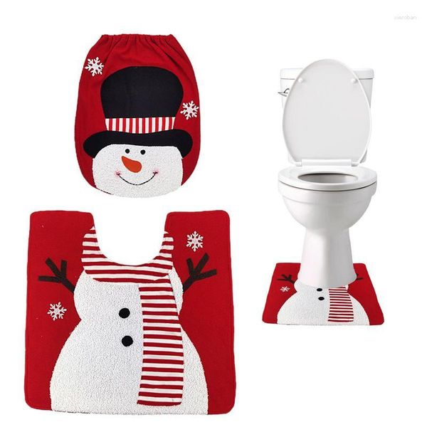 Sacs de rangement Père Noël Housse de siège de toilette Tapis de salle de bain Ensemble Bonhomme de neige Elk Design Décorations de Noël