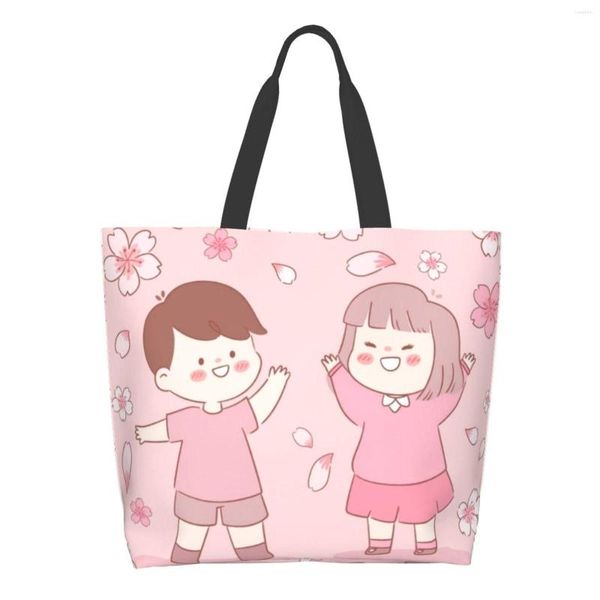 Bolsas de almacenamiento, bolso de compras grande para mujer, bolso de lona reutilizable para la playa, saco escolar, hombro informal, rosa de Anime japonés